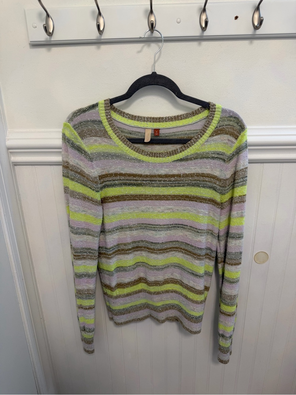 Pilcro Striped Crewneck Sweater in Lime, Lilac, Brown and Gray